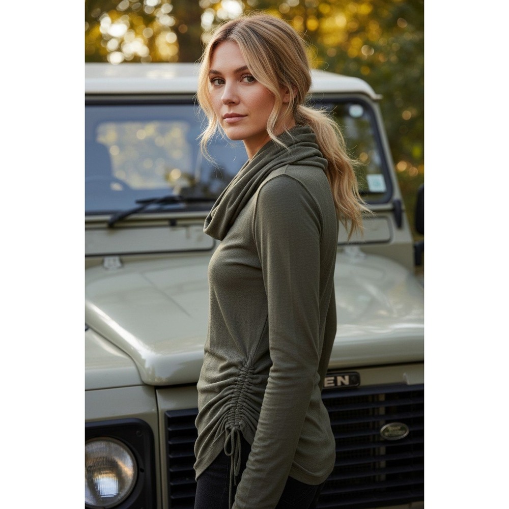 Raw Earth Wild Sky Olive Green Organic Cotton Cowl Neck Ruched Top S Gorpcore
